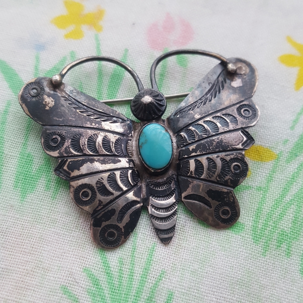 Vintage Silver & Turquoise Butterfly Brooch - Picture 4 of 8